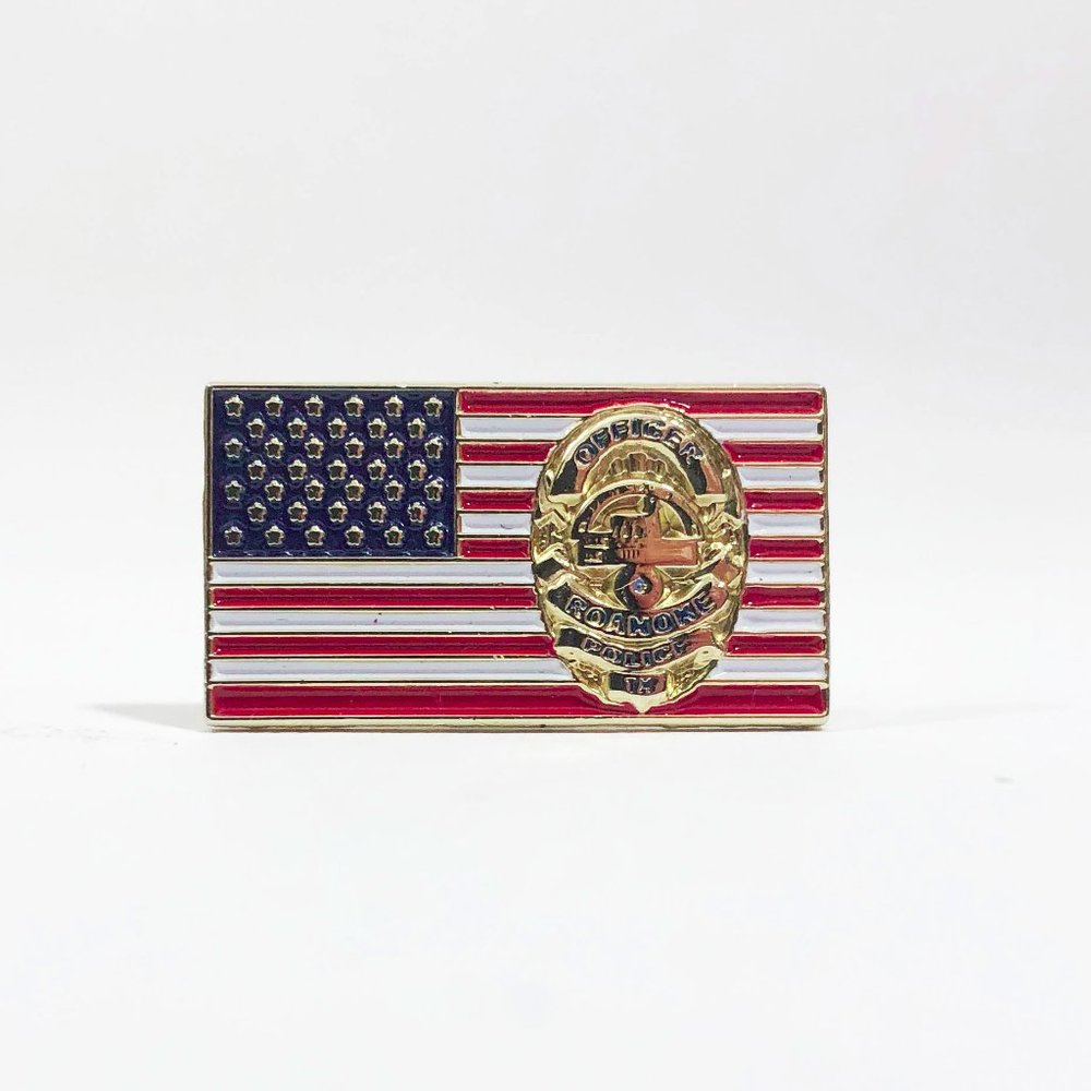 Lapel Hat Pin US Flag Officer Roanoke TX Police 1 x 1/2 inches Metal